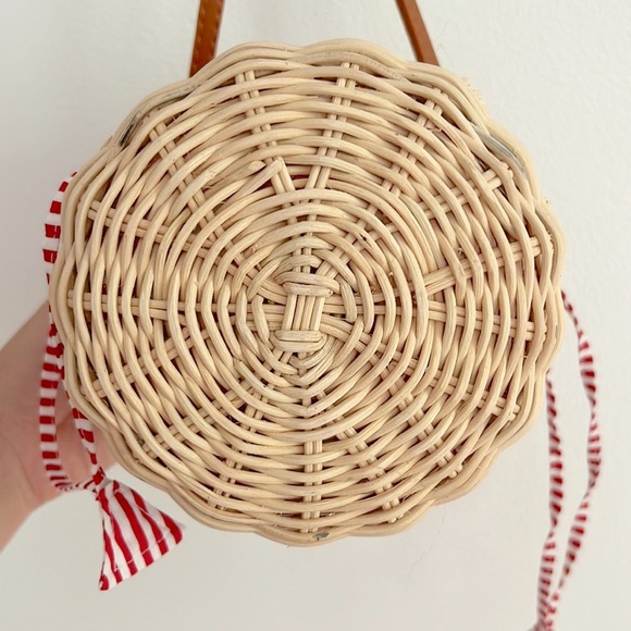Anthropologie Raffia Bucket Bag Red White Straw Basket Purse NWOT - Picture 12 of 17